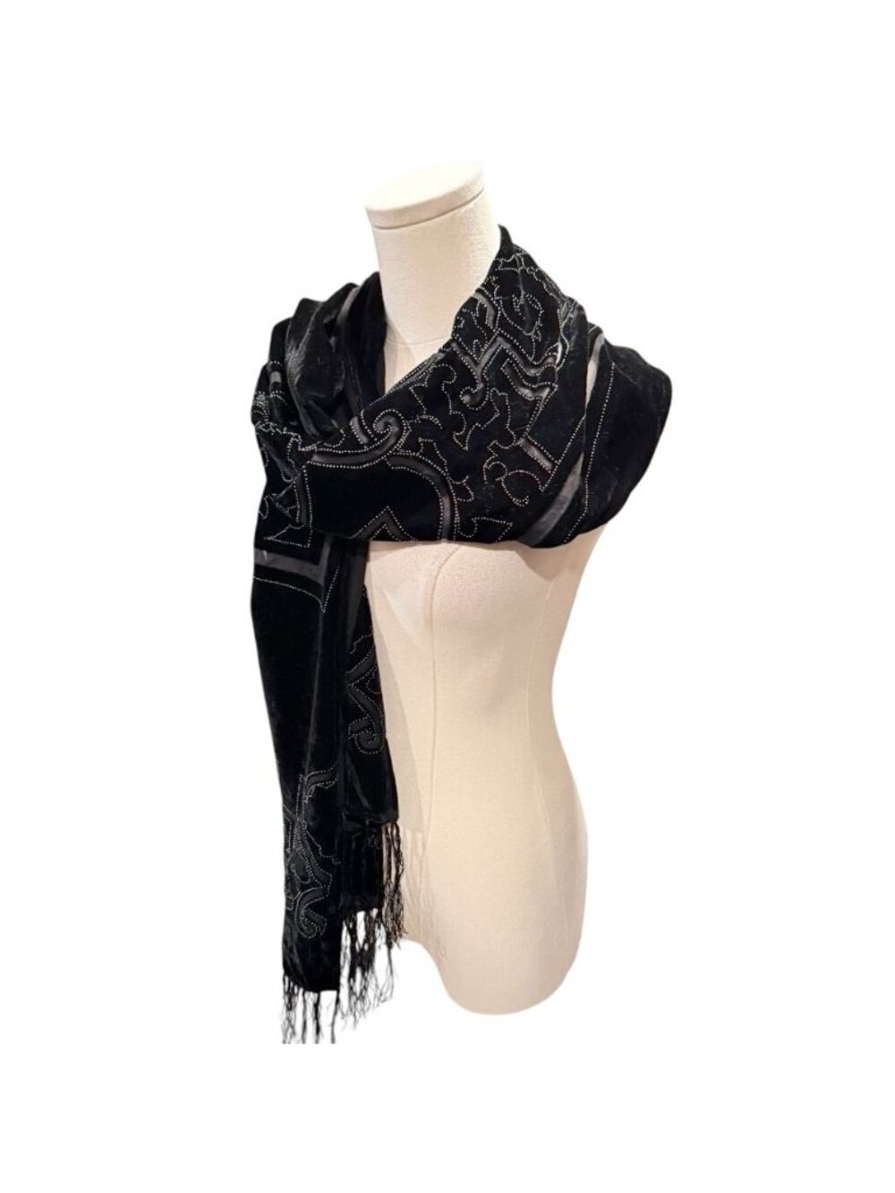 Womens Black Velvet Burnout Pattern Fringe Trim Winter Scarf Whimsigoth Art Deco - Picture 2 of 6